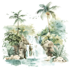 Tropical waterfall oasis with lush greenery