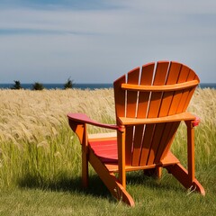 Single colorful beach chair in the middle of a grass field