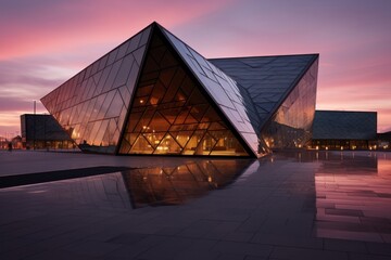 A Modernist Museum Captured at Dusk, Showcasing its Unique Geometric Patterns and Reflective Glass Facade