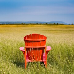 Single colorful beach chair in the middle of a grass field