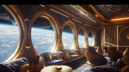 The inside of a spaceship with several empty beds and large windows showing the Earth outside.


