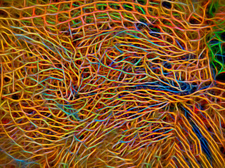 Multicolor neon abstract of commercial nylon fishing net in a heap, with digital glow effect