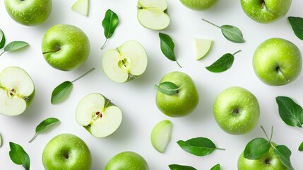 Flaying green apples, apple halves and slices and leaves on white background.