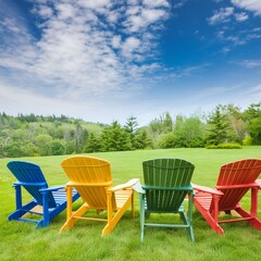 Fototapeta premium Brightly colored primary hues empty Adirondack chairs in a peaceful setting outdoors