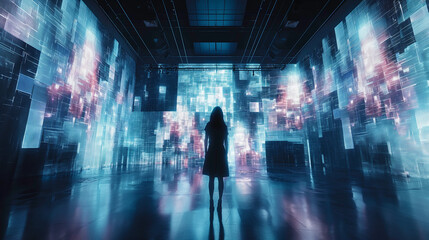 A woman is standing in front of a colorful digital light wall.

