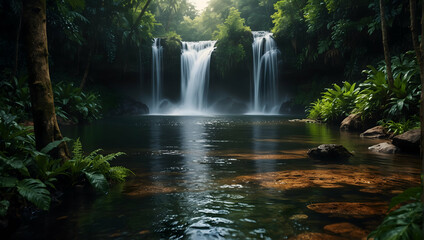 Romantic Getaway: Couple Embracing in Lush Tropical Paradise with Cascading Waterfalls and Exotic Wildlife - Vibrant Nature Photography