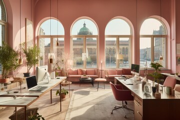 A Dusty Pink Administration Room with Vintage Wooden Furniture, Framed Certificates on the Wall, and a Large Window Overlooking the City