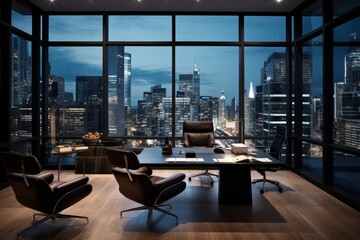 Fototapeta premium A Modern Charcoal Black Office Space with Sleek Furniture, High-Tech Equipment, and a Stunning Cityscape View Through the Floor-to-Ceiling Windows