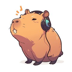 Cute capybara with headphones 2D logo on a white background