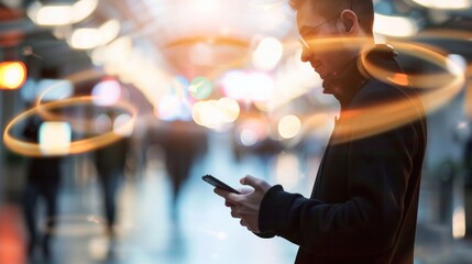 A digitally enhanced image of a businessman using a mobile phone overlaid with abstract network lines