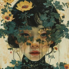 Mystical Portrait of a Girl Shrouded in Flowers. A captivating digital artwork portrays a young girl s face partially obscured by lush greenery and vibrant flowers, blending human and nature in a sur - obrazy, fototapety, plakaty