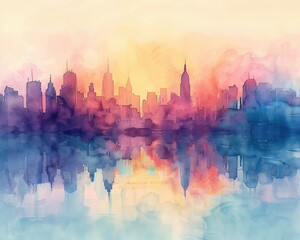 A watercolor city skyline at sunrise, with soft, colorful hues and silhouetted architectural elements in the background