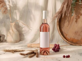 Naklejka premium Bottle of wine mockup, on boho background