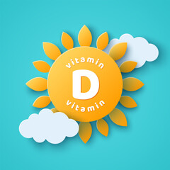 Vitamin D 3d sun icon. Summer day background, white clouds. Yellow bubble, drop for healthy life, good mood, energy. Vector illustration. Place for text