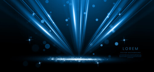 Abstract elegant blue glowing line with lighting effect sparkle on black background. Template premium award design.