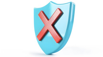 Obraz premium cartoon 3d Icon safety shield x mark perspective . Blue symbol security safety icon. Red X mark in minimalistic style. 3d vector illustration. white background