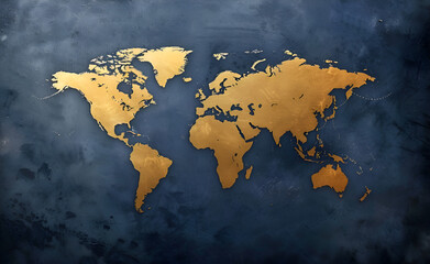 A gold colored map of the world is on a blue background. The map is made of paper and has a rough texture. Generative AI