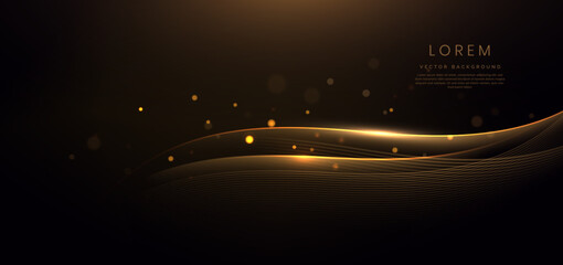 Gold curved ribbon on black background with lighting effect and sparkle with copy space for text. Luxury design style.