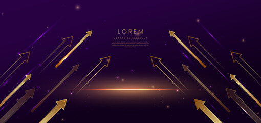 Elegant purple background with gold arrow glowing lighting effect and sparkle. Template premium award design.