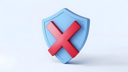 Obraz premium cartoon 3d Icon safety shield x mark perspective . Blue symbol security safety icon. Red X mark in minimalistic style. 3d vector illustration. white background