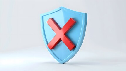 Obraz premium cartoon 3d Icon safety shield x mark perspective . Blue symbol security safety icon. Red X mark in minimalistic style. 3d vector illustration. white background