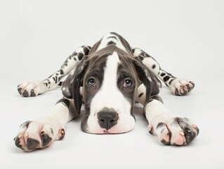 Great Dane puppy lying on the ground with a playful and curious look straight at the camera.