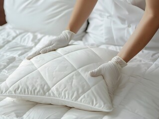 Maid puts pillow on bed close up
