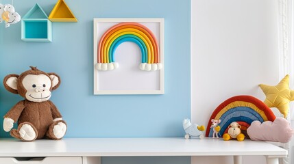 Heartwarming interior of a boy's room, showcasing a mock-up poster frame, plush monkey, and a vibrant rainbow ornament over a white desk