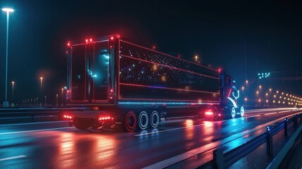 Fototapeta na wymiar Futuristic Technology Concept: Autonomous Semi Truck with Cargo Trailer Drives at Night on the Road with Sensors Scanning Surrounding. Special Effects of Self Driving Truck Digitalizing Freeway