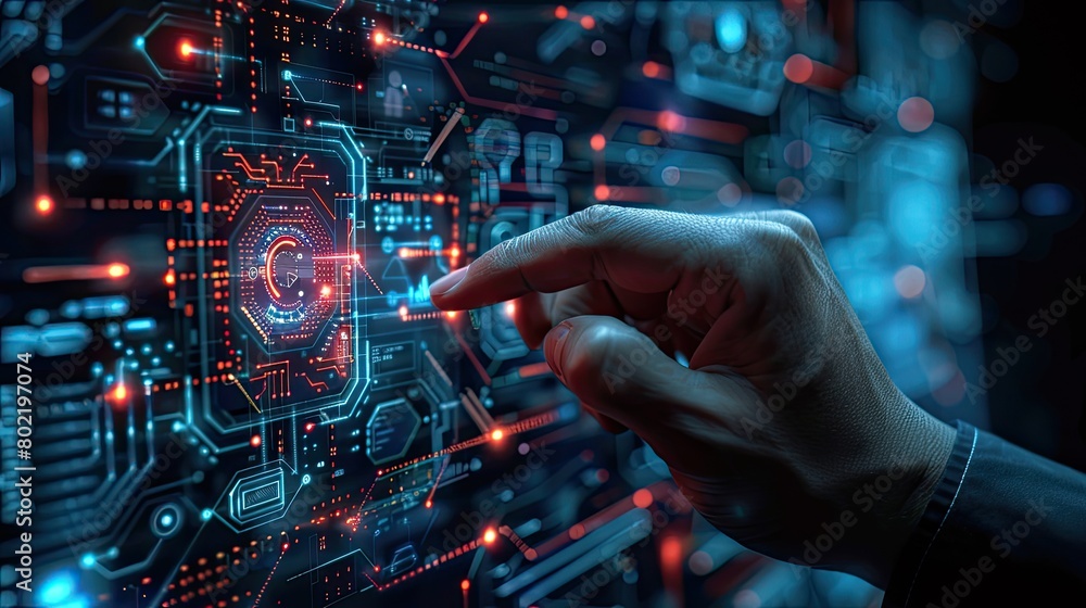 Aufkleber a hand touching the screen, with a futuristic digital technology background featuring hologram patte