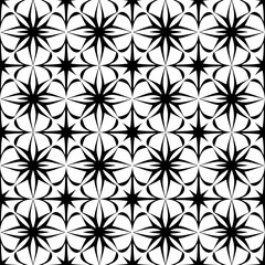 A seamless pattern of simple line art diamond and star shapes in simple lines on a black and white background