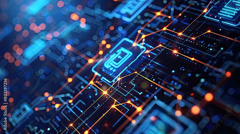 Poster abstract futuristic background with circuit board and glowing elements, digital technology concept w