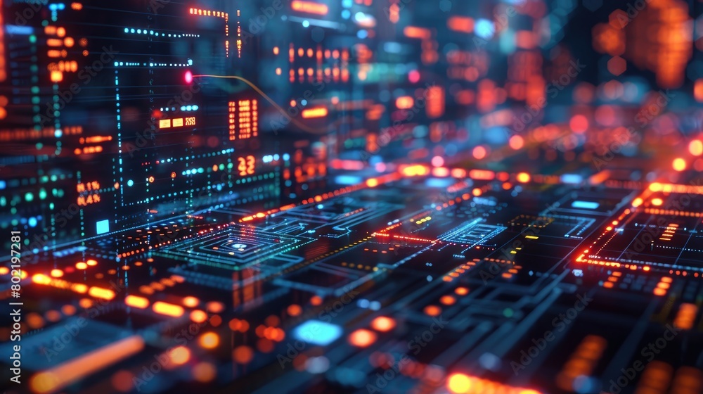 Poster a high-tech background with glowing digital circuit patterns and data visualizations, representing a
