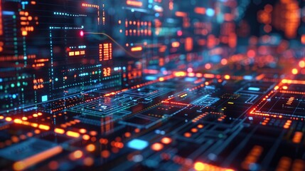 Obraz premium A high-tech background with glowing digital circuit patterns and data visualizations, representing advanced technology in the world of software development and computer engineering