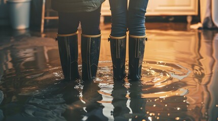 Two fictitious people are standing in a flooded room in their house with wellies and rain boots on after a heavy rain. Their Wellington boots are green as they assess the damage. 