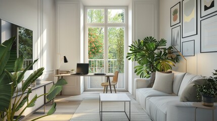 Interior of light living room with modern workplace, laptop and sofa - obrazy, fototapety, plakaty