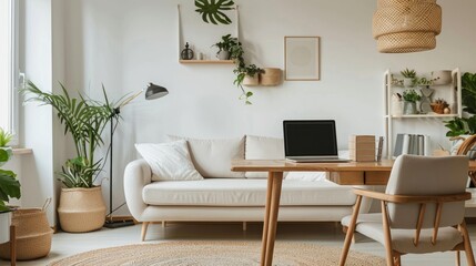 Interior of light living room with modern workplace, laptop and sofa