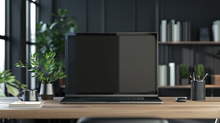 Laptop computer with empty black monitor on a desk in office (3D Rendering)