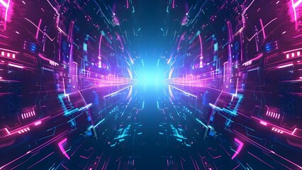 Obraz premium Cyberpunk Retrofuturistic Neon Glitch Effect Background with Techno Aesthetic. Concept Neon Lights, Glitch Art, Cyberpunk, Retrofuturistic, Techno Aesthetic