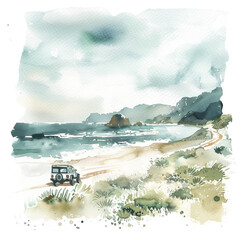 Watercolor beach scene with a camper van