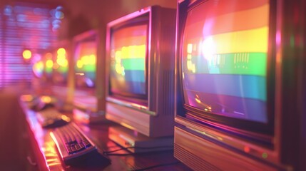 Vintage computer screens glowing with rainbow bands in a space with magenta light blinds.
