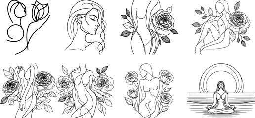 Obraz premium Set of Retro Lineart, woman and flower, abstract silhouette