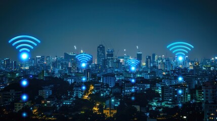 Modern city with wireless network connection and city scape concept.Wireless network and Connection technology concept with city background at night.