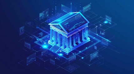 Online banking technology concept.Isometric illustration of the bank on dark blue background. Digital connect system. Financial technology concept.Vector illustration.EPS 10.	