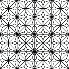 A seamless pattern of simple line art diamond and star shapes in simple lines on a black and white background