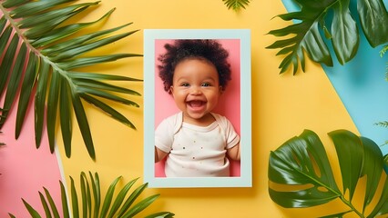 Cheerful baby announcement card mockup with photo and important details . Concept Baby Announcement, Mockup, Photo, Important Details, Cheerful Theme