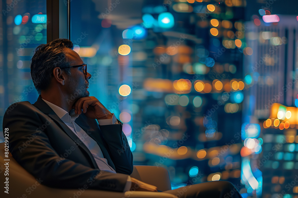 Poster A millionaire entrepreneur contemplates his next business venture in a high-rise office - with a commanding view of the city skyline