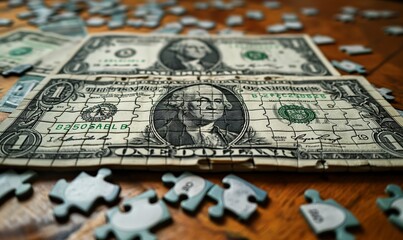 Naklejka premium Assembling a banknote puzzle on the table.