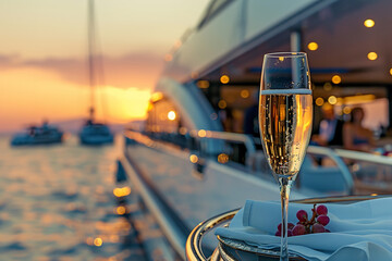 Millionaires revel at a luxurious yacht party - enjoying a sunset backdrop with champagne and live...