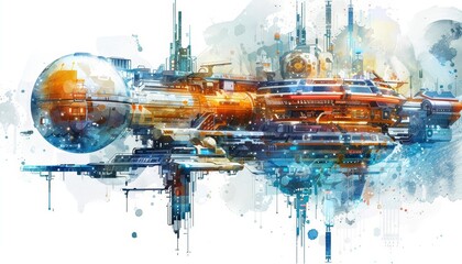 A cyber watercolor painting portrays an orbital space station designed in a quaint